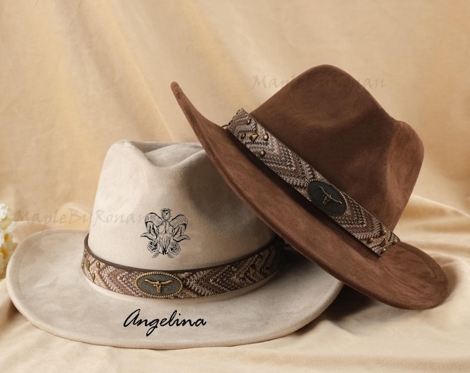 Custom Made Hand Burned Wide Brim Fedora，Logo Engraved Cowboy Hat, Wedding Hats,Vegan Suede Burnt Flower Hats One Size Fits All