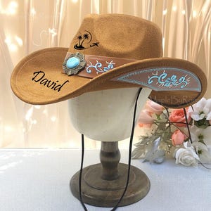 Turquoise Wide-Brim Floral Engraved Wool Felt Hat Wildflower Floral Burned Hat, Floral Engraved Cowboy Hat  main image 3