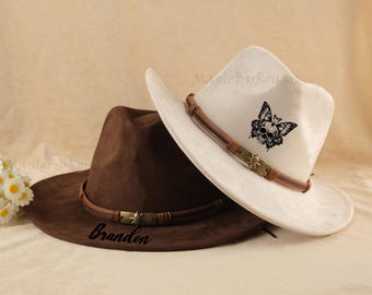 Western Style Personalized Vegan Suede Hat, Boho Style Hat ,Custom Western Floral Embroidered Cowboy Hats For Women