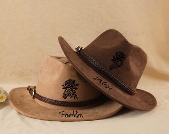 Personalized Vegan Suede Hat With Custom Engraving Western Floral Embroidered Women's Cowboy Hat , Adjustable Holiday Gift Hat