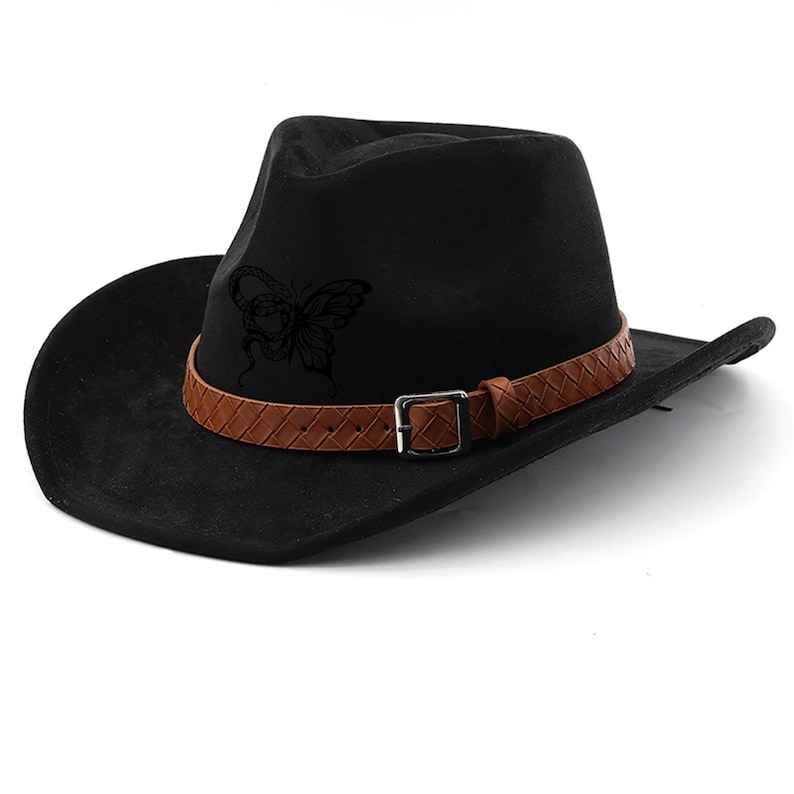 May include: Black cowboy hat with a brown leather band and buckle. A butterfly design is on the front of the hat. The hat has a wide brim and a classic fedora crown.