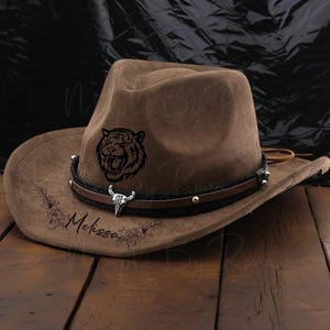 Suede Hat, Burnt Engraved Hat, Vintage Style Cowboy Hat, Rancher Hat, Fedora, Sombrero, Hat Pyrography