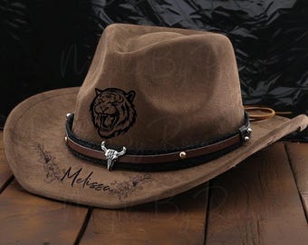 Suede Hat, Burnt Engraved Hat, Vintage Style Cowboy Hat, Rancher Hat, Fedora, Sombrero, Hat Pyrography