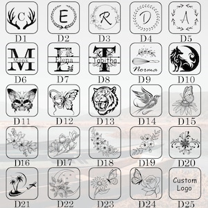 May include: A collection of black and white engraved designs, including initials, floral patterns, animals, and the text "Custom Logo". Each design is enclosed in a square frame, offering a variety of decorative options.