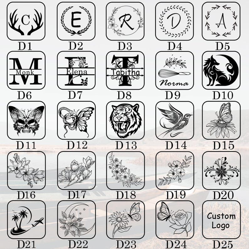 May include: A collection of black and white engraved designs, including initials, floral patterns, animals, and the text "Custom Logo". Each design is enclosed in a square frame, offering a variety of decorative options.