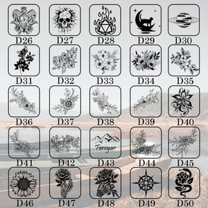 May include: A collection of black and white graphic designs, each within a square frame. The designs include a skull, flowers, a cat on a crescent moon, a planet, and a compass rose. Some designs have the text "Foroyar".