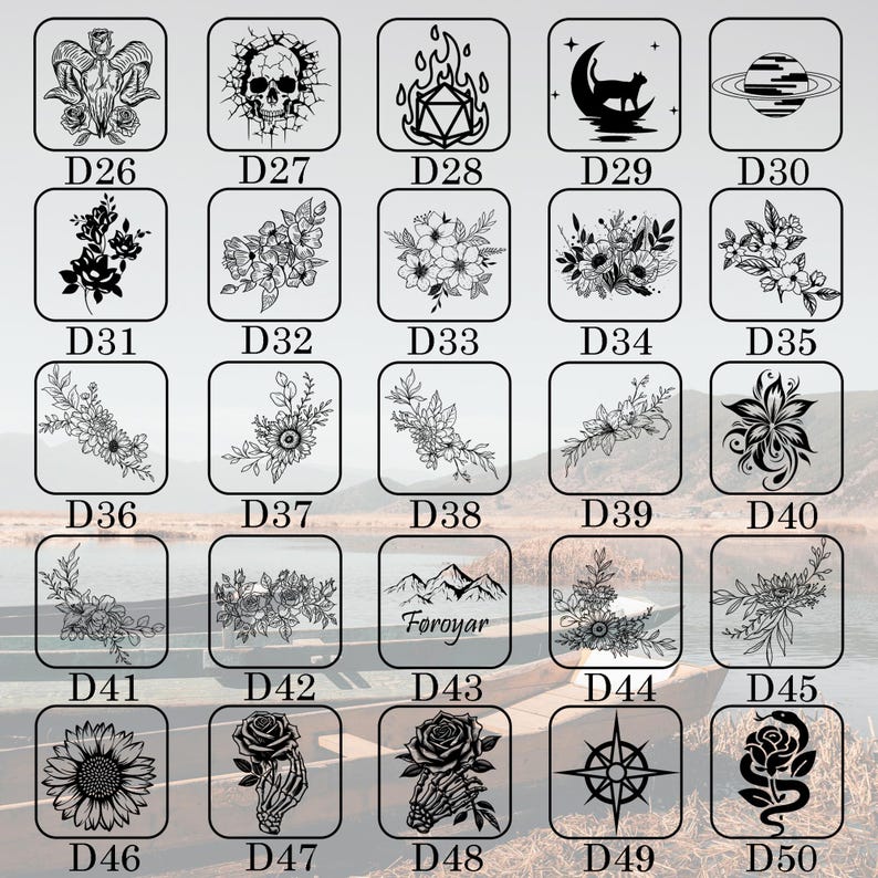 May include: A collection of black and white graphic designs, each within a square frame. The designs include a skull, flowers, a cat on a crescent moon, a planet, and a compass rose. Some designs have the text "Foroyar".