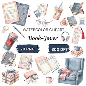 May include: Watercolor clipart featuring various reading-themed items. Includes an e-reader, books, glasses, coffee, headphones, a bookmark, and a cozy armchair. The text "Book-Jover" and "Watercolor Clipart" are also visible.