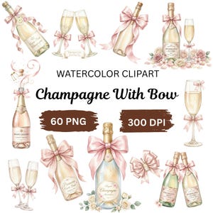 Champagne akvarell Clipart-paket, rosa rosett champagne PNG, bruddusch Clipart, bröllopsglasögon, möhippa, 60 PNG