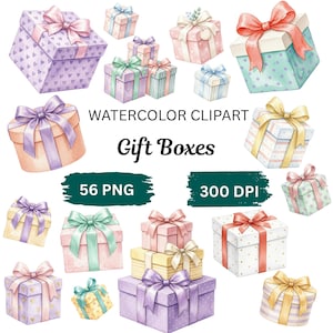 May include: Watercolor clipart of various gift boxes in pastel colors. The boxes are decorated with ribbons and bows in shades of pink, purple, green, and yellow. The text "WATERCOLOR CLIPART Gift Boxes" is displayed.