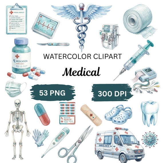 Medical Watercolor Clipart Bundle, Nurse Doctor PNG, Healthcare Clipart, Hospital Medical Tools, Anatomy Illustration, Dental Clipart, PNG