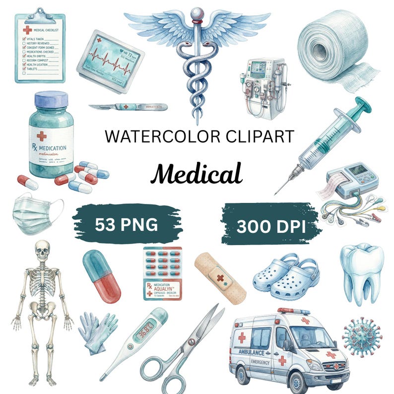 K&ouml;nnte beinhalten: Aquarell-Clipart-Set mit medizinischen Illustrationen. Enth&auml;lt einen Caduceus, medizinische Ger&auml;te, Medikamentenflaschen, Pillen, ein Skelett und einen Krankenwagen. Der Text "WATERCOLOR CLIPART Medical" wird angezeigt.