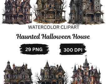 Aquarell-Clipart-Bundle „Spukhaus“, Halloween-Haus (PNG), gotisches Herrenhaus (Clipart), gruseliges viktorianisches Haus, 29 PNG-Dateien, 300 dpi