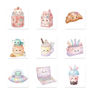 May include: A collection of nine watercolor illustrations featuring cute, smiling food and objects. Includes a cat in a jar, strawberry milk carton, croissant, dragon in a jar, hot chocolate, pencil case, cat in a UFO, laptop, and boba tea.