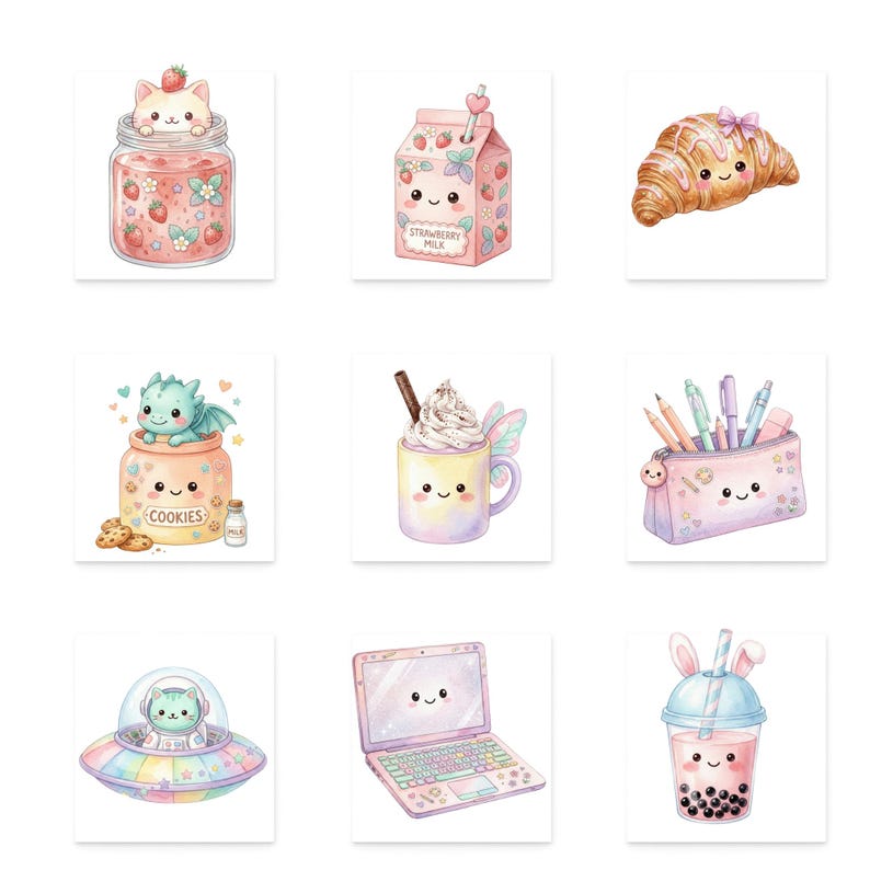 May include: A collection of nine watercolor illustrations featuring cute, smiling food and objects. Includes a cat in a jar, strawberry milk carton, croissant, dragon in a jar, hot chocolate, pencil case, cat in a UFO, laptop, and boba tea.