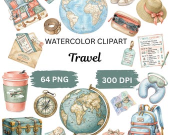 Könnte beinhalten: Aquarell-Cliparts mit Reise-Thema. Enthält einen Globus, einen Koffer, ein Flugzeug, einen Reisepass, Tickets, einen Rucksack, einen Kompass, eine Sonnenbrille, einen Hut, eine Kaffeetasse und eine Reiseroute. Der Text "Watercolor Clipart Travel" ist ebenfalls vorhanden.
