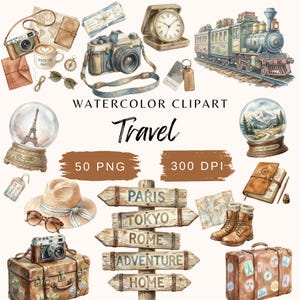 May include: Watercolor clipart featuring travel-themed illustrations. Includes a vintage train, cameras, a suitcase, a snow globe with the Eiffel Tower, a signpost with city names, and a hat. The text "Travel" is displayed prominently.