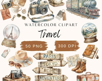 Könnte beinhalten: Aquarell-Clipart mit Illustrationen zum Thema Reisen. Enthält eine alte Eisenbahn, Kameras, einen Koffer, eine Schneekugel mit dem Eiffelturm, ein Wegweiser mit Städtenamen und einen Hut. Der Text "Travel" ist prominent dargestellt.