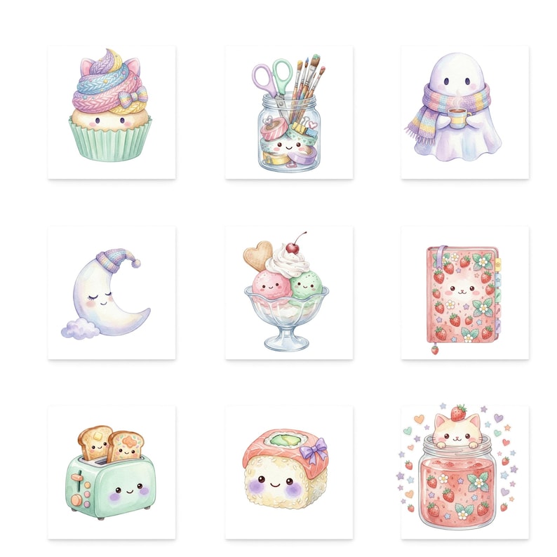 May include: A collection of nine watercolor illustrations featuring cute, kawaii-style food and objects. Includes a cupcake, a jar of art supplies, a ghost, a moon, an ice cream sundae, a notebook, a toaster, sushi, and a jar of jam.