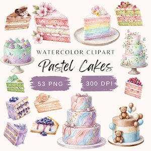 Könnte beinhalten: Aquarell-Clipart mit verschiedenen Pastellkuchen, einschließlich Scheiben und ganzen Kuchen. Das Bild zeigt Kuchen mit Regenbogen-Schichten, Blumendekorationen und Teddybär-Toppings. Der Text lautet "Watercolor Clipart Pastel Cakes 53 PNG 300 DPI."