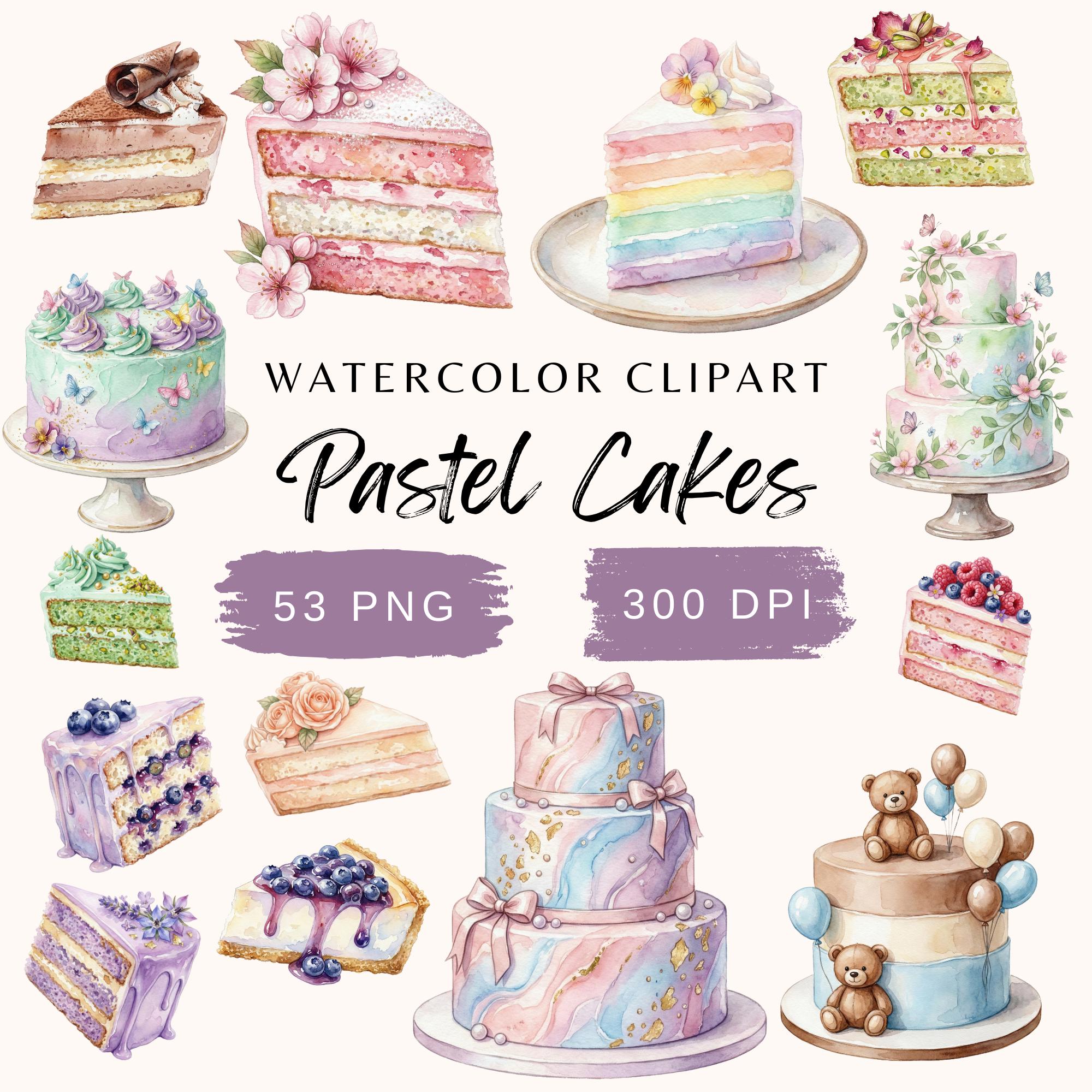 Watercolor Pastel Cake Clipart Bundle, Elegant Birthday Wedding Cake ...