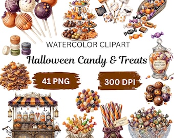 Halloween-Süßigkeiten-Clipart-Bundle, Aquarell-Halloween-Leckereien (PNG), kandierte Äpfel, Lutscher, Süßigkeiten-Clipart, 41 PNG-Dateien, 300 dpi