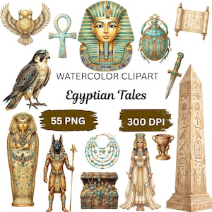 May include: A collection of watercolor illustrations featuring Egyptian themes including a pharaoh mask, an ankh, a scarab, a falcon, a sarcophagus, Anubis, a treasure chest, a necklace, a figure in a white dress, a chalice, and an obelisk.