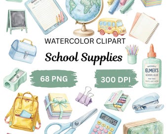 School Supplies Watercolor Clipart Bundle | Back to School Illustration PNG, Classroom Clipart, Teacher Resources, Planner Stickers, 300 DPI