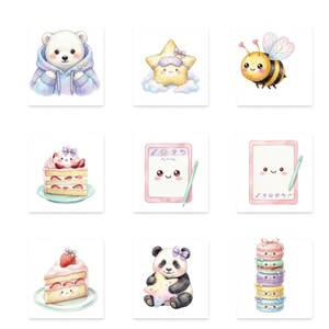 May include: Watercolor illustrations of cute characters and objects. Includes a polar bear in a hoodie, a star wearing a sleep mask, a bee, a slice of strawberry cake, a tablet with a stylus, a panda holding a star, and a stack of macarons.