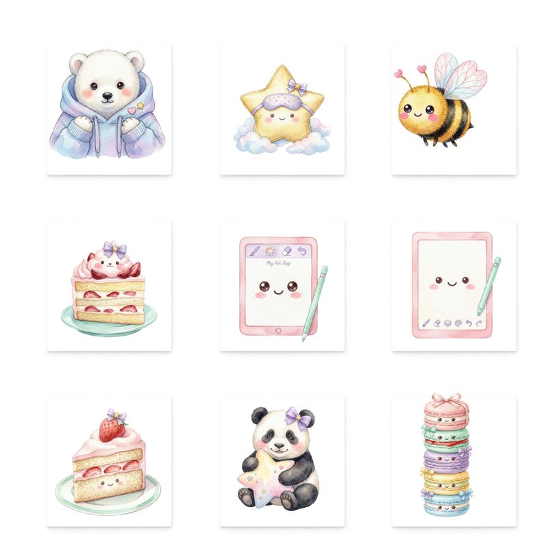 May include: Watercolor illustrations of cute characters and objects. Includes a polar bear in a hoodie, a star wearing a sleep mask, a bee, a slice of strawberry cake, a tablet with a stylus, a panda holding a star, and a stack of macarons.