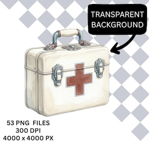K&ouml;nnte beinhalten: Aquarell-Illustration eines wei&szlig;en Vintage-Erste-Hilfe-Koffers mit rotem Kreuz. Der Koffer hat einen Griff, Metallverschl&uuml;sse und den Text "TRANSPARENT BACKGROUND". Das Bild enth&auml;lt auch den Text "53 PNG FILES", "300 DPI" und "4000 x 4000 PX".