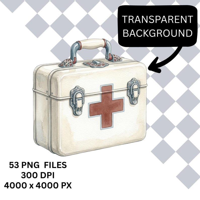 K&ouml;nnte beinhalten: Aquarell-Illustration eines wei&szlig;en Vintage-Erste-Hilfe-Koffers mit rotem Kreuz. Der Koffer hat einen Griff, Metallverschl&uuml;sse und den Text "TRANSPARENT BACKGROUND". Das Bild enth&auml;lt auch den Text "53 PNG FILES", "300 DPI" und "4000 x 4000 PX".
