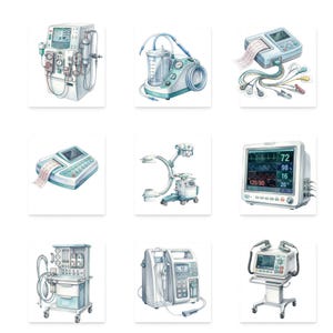 K&ouml;nnte beinhalten: Aquarellillustrationen medizinischer Ger&auml;te, darunter ein Dialyseger&auml;t, ein Absaugger&auml;t, ein EKG-Ger&auml;t, eine OP-Leuchte, ein Patientenmonitor, ein An&auml;sthesieger&auml;t, eine Infusionspumpe und ein Defibrillator.