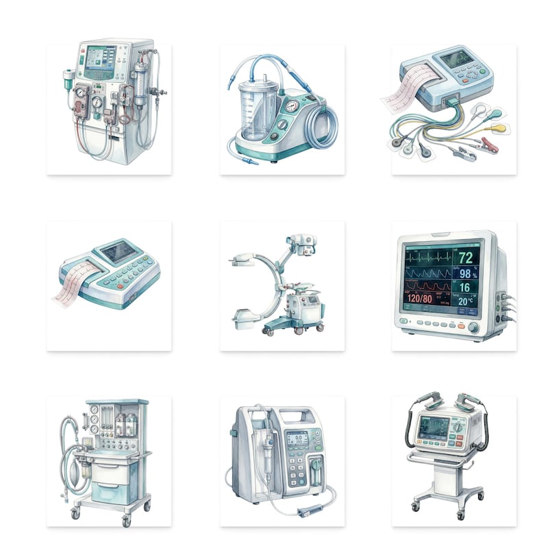 K&ouml;nnte beinhalten: Aquarellillustrationen medizinischer Ger&auml;te, darunter ein Dialyseger&auml;t, ein Absaugger&auml;t, ein EKG-Ger&auml;t, eine OP-Leuchte, ein Patientenmonitor, ein An&auml;sthesieger&auml;t, eine Infusionspumpe und ein Defibrillator.