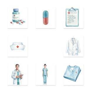 K&ouml;nnte beinhalten: Aquarellillustrationen von medizinischen Artikeln. Enth&auml;lt eine Pillenflasche mit der Aufschrift "MEDICATION", Kapseln, eine medizinische Checkliste, eine Krankenschwesterm&uuml;tze, einen Laborkittel, einen Arzt, eine Krankenschwester und gefaltete OP-Kleidung.