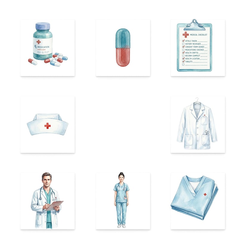 K&ouml;nnte beinhalten: Aquarellillustrationen von medizinischen Artikeln. Enth&auml;lt eine Pillenflasche mit der Aufschrift "MEDICATION", Kapseln, eine medizinische Checkliste, eine Krankenschwesterm&uuml;tze, einen Laborkittel, einen Arzt, eine Krankenschwester und gefaltete OP-Kleidung.