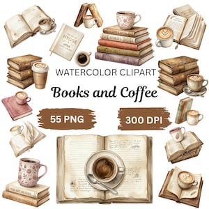 May include: Watercolor clipart featuring stacks of vintage books and coffee cups. The image includes open books, lattes, and coffee mugs with floral designs. Text includes "Books and Coffee", "55 PNG", and "300 DPI".