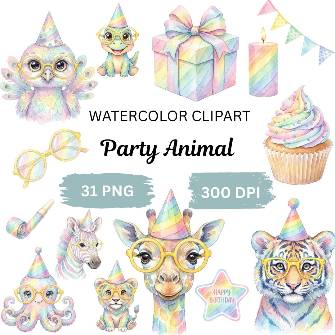 Watercolor Party Animal Clipart Bundle, Rainbow Safari Birthday Animals ...