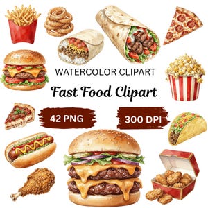 Fast Food Clipart PNG | Burger Pizza Taco Clipart, Junk-Food-Clipart-Bundle, Restaurant Clipart, Lebensmittelaufkleber, Sublimation PNG, 300 DPI