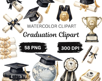 Watercolor Graduation Clipart Bundle PNG | Graduation Caps, Diplomas, Trophy, Medal | Academic Achievement Clipart 58 PNG 300 DPI