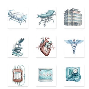 K&ouml;nnte beinhalten: Aquarellillustrationen von medizinischen Ger&auml;ten und Symbolen. Enth&auml;lt ein Krankenhausbett, eine Bahre, ein Mikroskop, ein menschliches Herz, einen Caduceus, ein Krankenhausgeb&auml;ude, einen Blutbeutel, einen Herzfrequenzmonitor und ein Blutdruckmessger&auml;t.