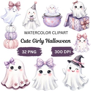 Op de afbeelding: Aquarel clipart set met schattige spookjes met roze strikken, feesthoedjes en heksenhoeden, een paarse ketel met bubbels, een cadeau en een stapel pastelkleurige pompoenen. Tekst: WATERCOLOR CLIPART Cute Girly Halloween 32 PNG 300 DPI.