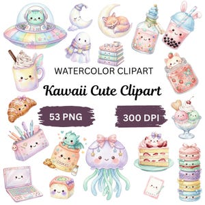 May include: Watercolor clipart featuring various kawaii-style illustrations. Includes a cat in a spaceship, a ghost with a scarf, a stack of books, a croissant, a pencil case, a jar of cookies, a jellyfish, a slice of cake, and more. The text says "Watercolor Clipart" and "Kawaii Cute Clipart".