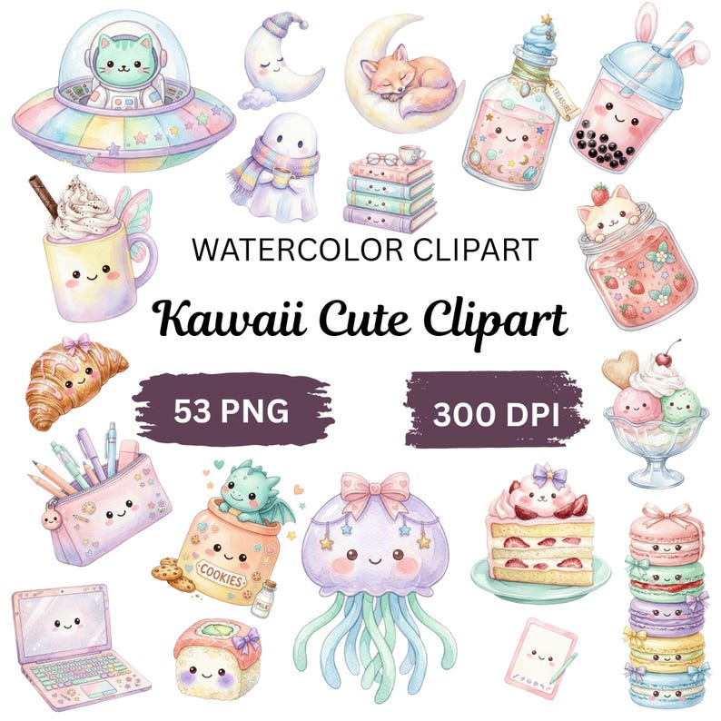 May include: Watercolor clipart featuring various kawaii-style illustrations. Includes a cat in a spaceship, a ghost with a scarf, a stack of books, a croissant, a pencil case, a jar of cookies, a jellyfish, a slice of cake, and more. The text says "Watercolor Clipart" and "Kawaii Cute Clipart".