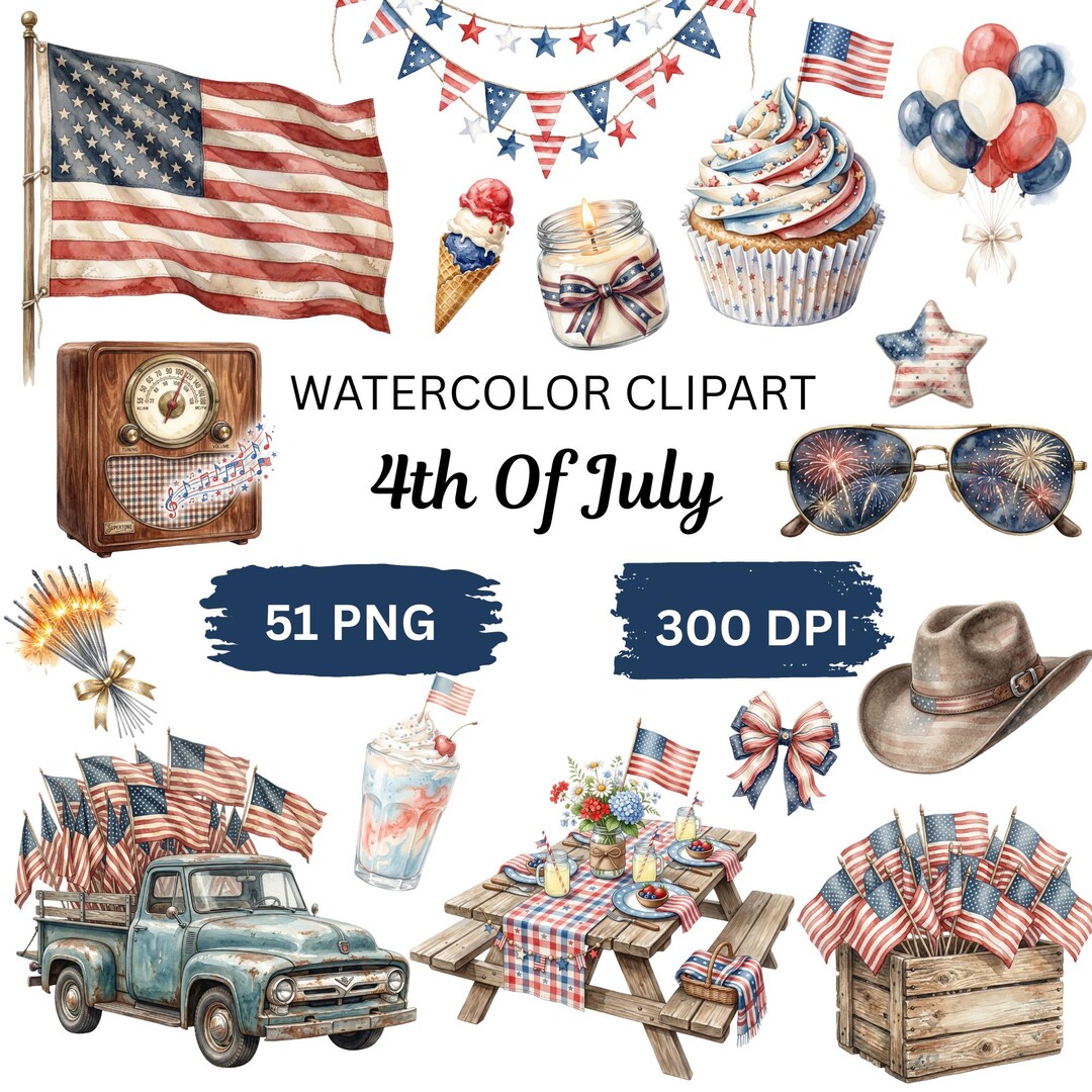 4th of July Clipart Bundle, Patriotic Watercolor PNG, USA Independence ...