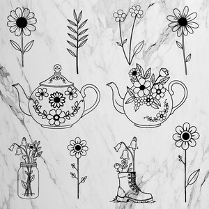 Wildflowers Svg Bundle, Cute Flower Svg, Floral Svg, Wildflower Border Svg, Flower Sketch Svg, Silhouette, Png, Eps, flowery tea pot svg