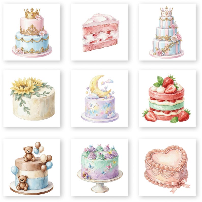 Watercolor Pastel Cake Clipart Bundle, Elegant Birthday Wedding Cake ...
