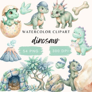 Op de afbeelding: Waterverf clipart met verschillende dinosaurussen in groen, blauw en beige tinten. Bevat een dinosaurus die uit een ei komt, een vulkaan en de tekst "WATERCOLOR CLIPART dinosaur". De afbeelding vermeldt ook "54 PNG" en "300 DPI".