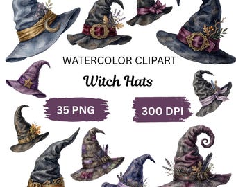 Aquarell Hexenhüte, Clipart-Bundle, Halloween Hexenhut PNG, Gruselhut Clipart, Zauberhut PNG, Gothic Halloween, 35 png, 300 DPI