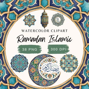 Ramadan islamisk akvarell clipart-paket | Ramadan Kareem PNG, islamiska mönster, halvmåne, lyktor, arabiska geometriska mönster, 300 DPI